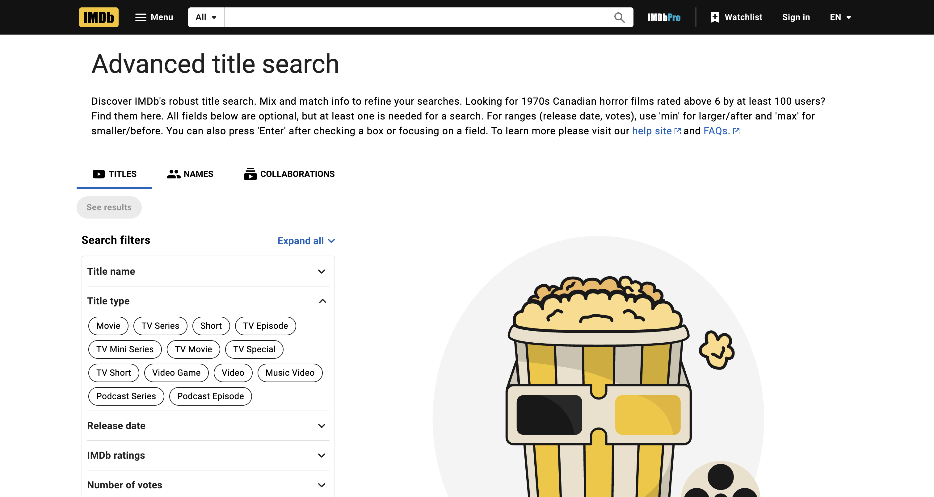 IMDb Advanced Title Search showing filters for title type and genre